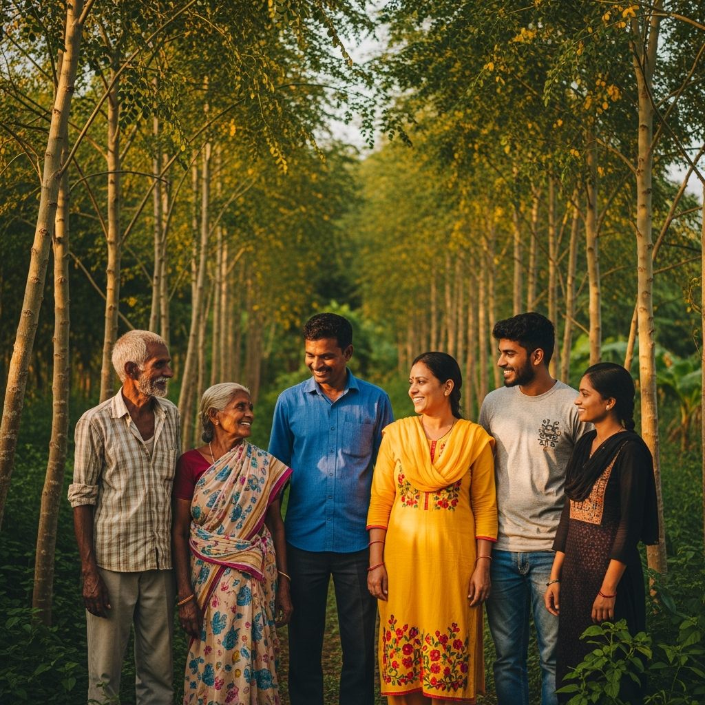 Three generations of our family standing together in the moringa grove in India