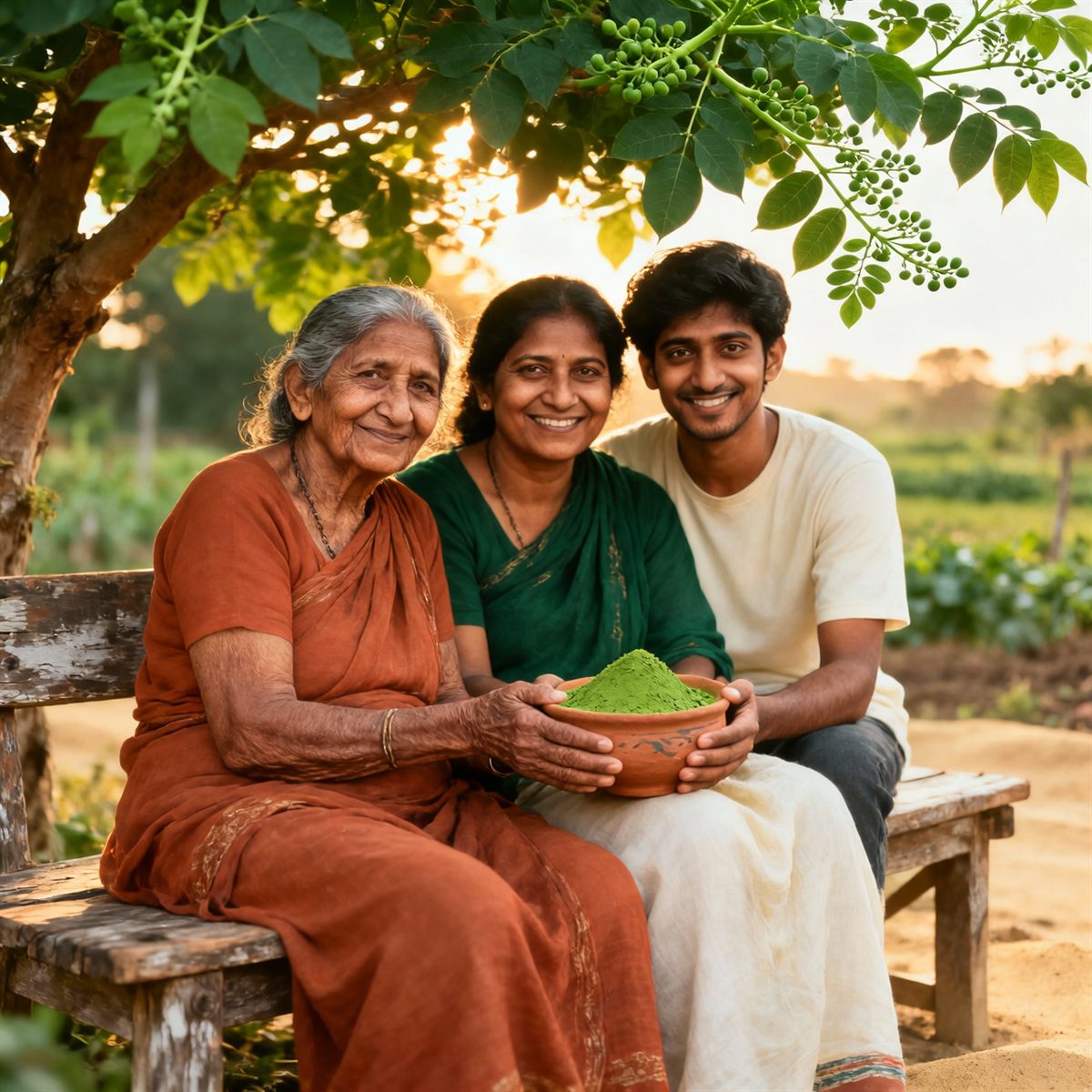 Three generations of our family beneath a moringa tree in India, holding a bowl of moringa powder