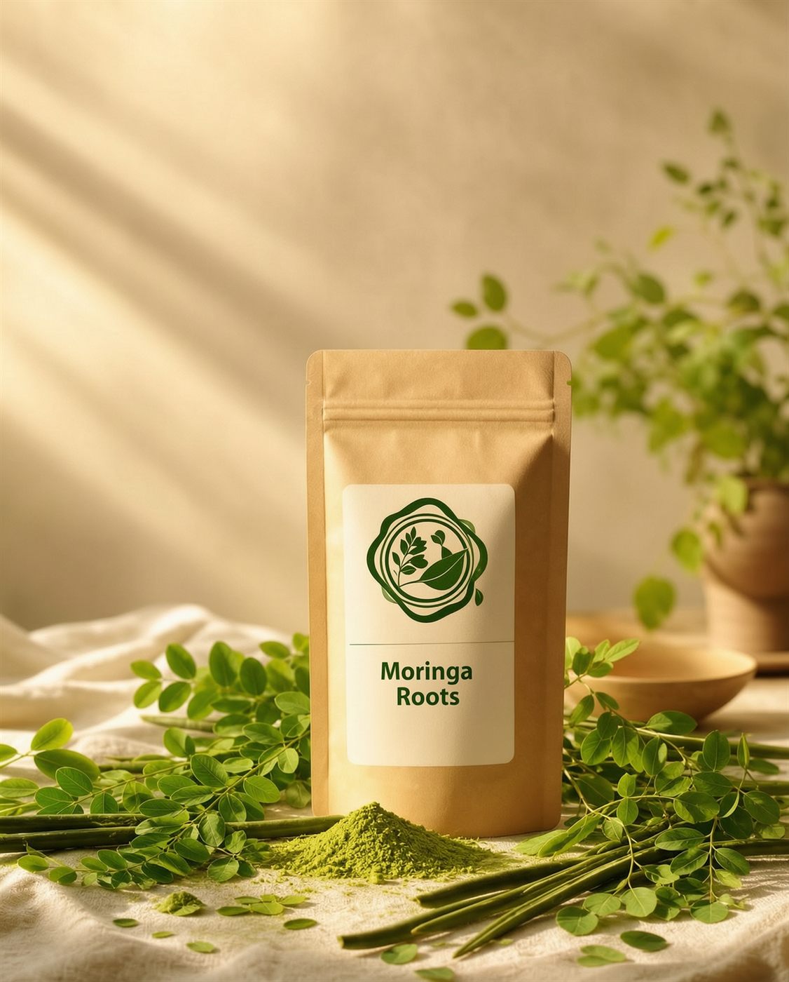 Moringa Roots powder pouch beside fresh moringa leaves