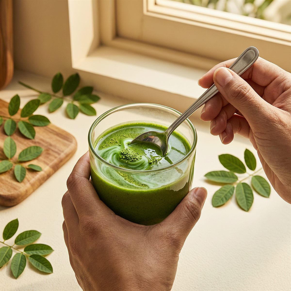 Moringa powder being stirred into a green drink