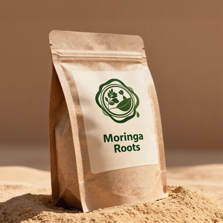 Moringa Roots pouch with the brand label