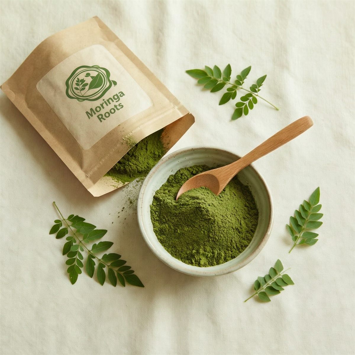 Open Moringa Roots pouch beside a bowl of green moringa powder with a wooden spoon