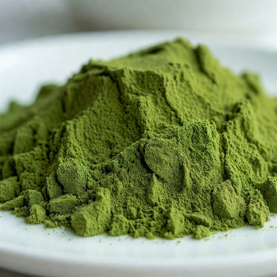 Close-up of fine green moringa powder texture