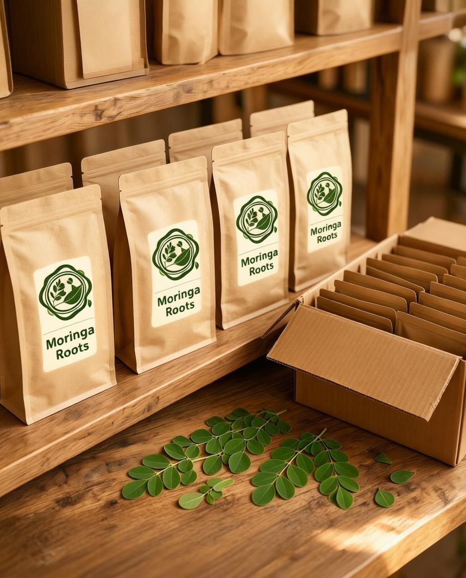 Moringa Roots pouches arranged on a wooden retail shelf beside an open shipping case